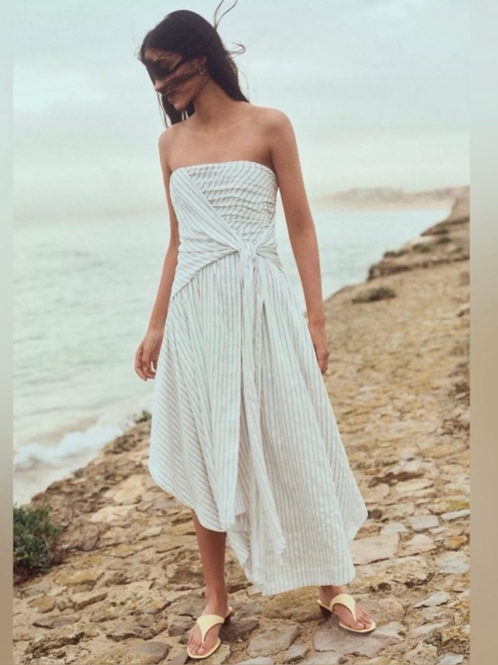Anthropologie Asymmetrical Strapless Dress Cream With Black Pinstripe X-Large